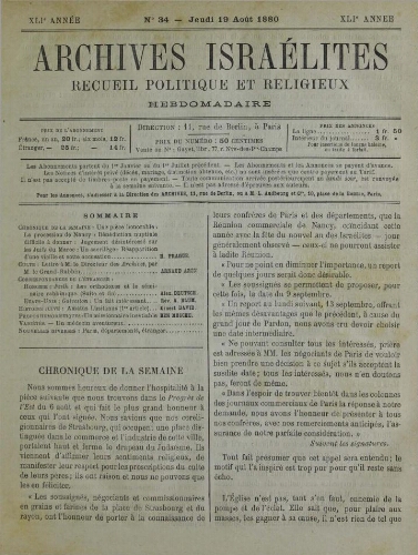Archives israélites de France. Vol.41 N°34 (19 août 1880)